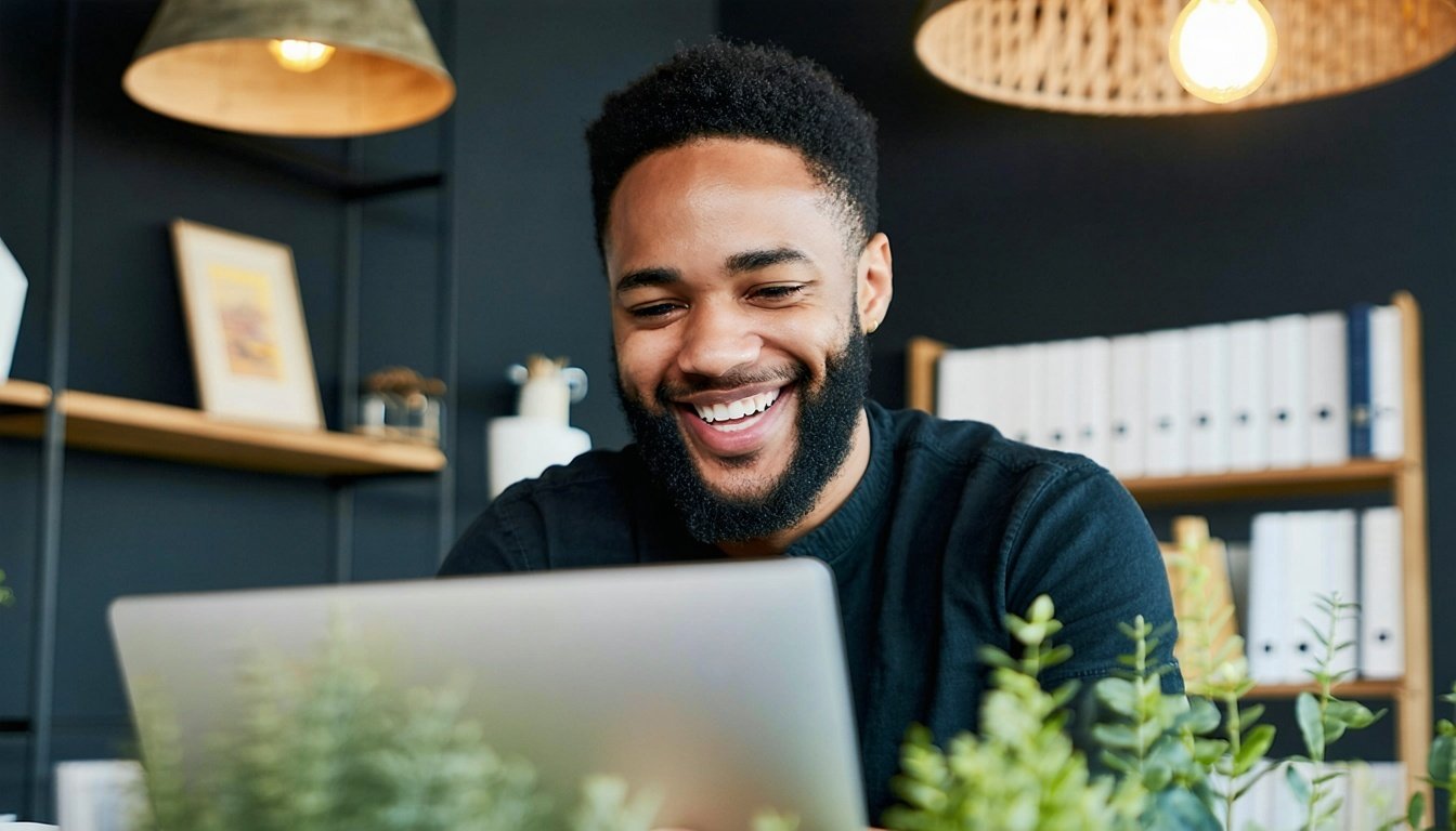 A business owner smiling confidently while working