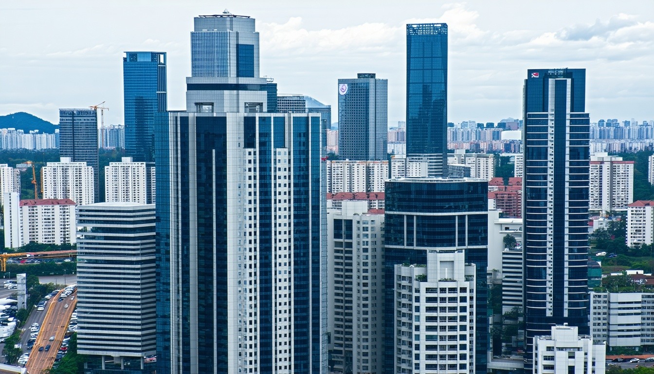 A dynamic cityscape with high-rise commercial buil