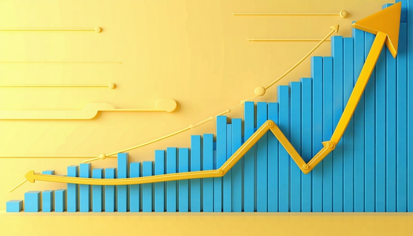 A dynamic graph showing upward growth trends, symb