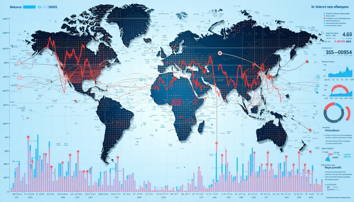 A world map overlaid with fluctuating graphs depic