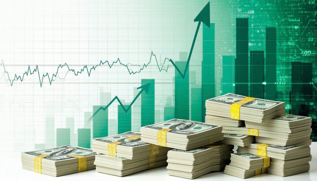 An image of stacks of cash with a rising graph in